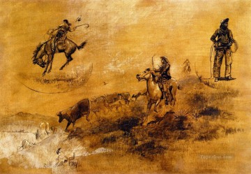 vaquero de indiana Painting - bronco revienta conduciendo en 1889 Charles Marion Russell Vaquero de Indiana